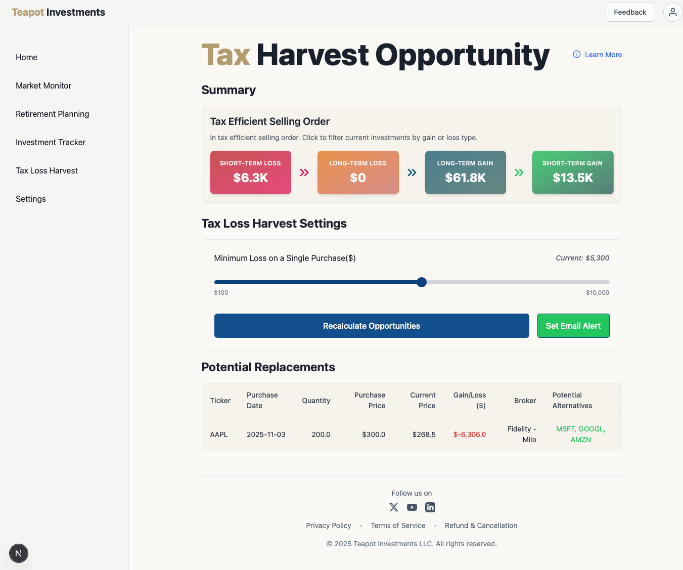 Tax Loss Harvest Dashboard